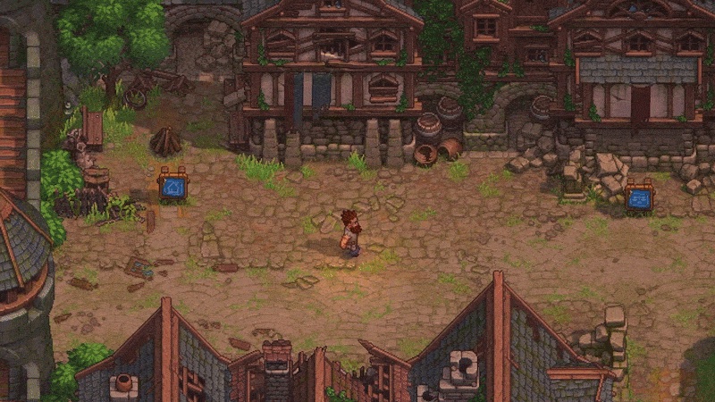 Official Graveyard Keeper 2 developer-log media showing town commerce and building restoration