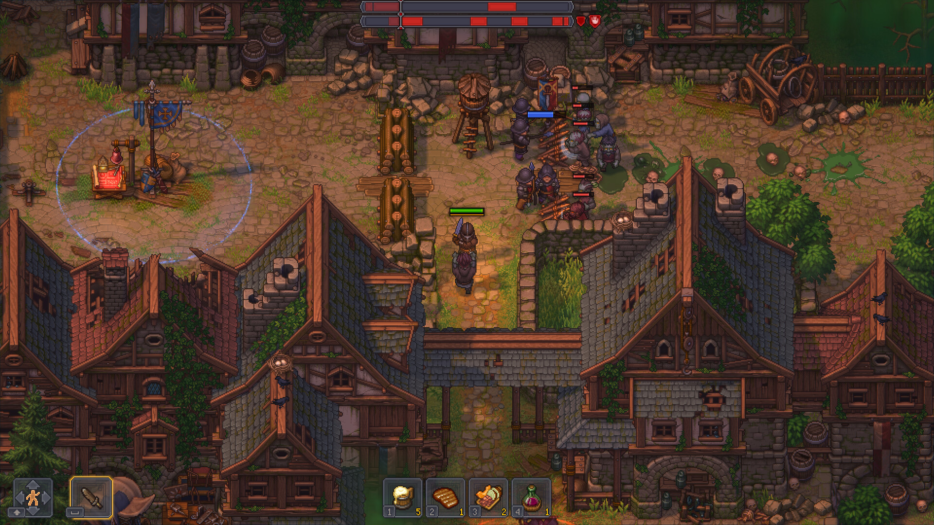 Official Graveyard Keeper 2 screenshot showing the keeper leading an assault inside the town
