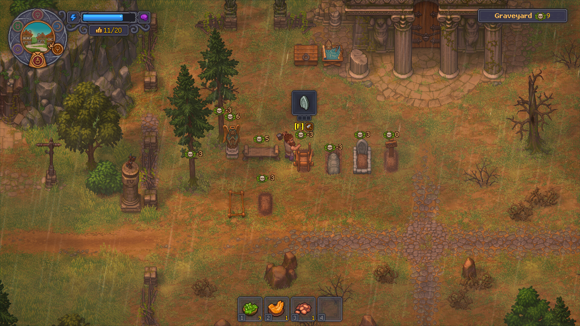 Official Graveyard Keeper 2 screenshot showing graveyard plots and module placement in daylight