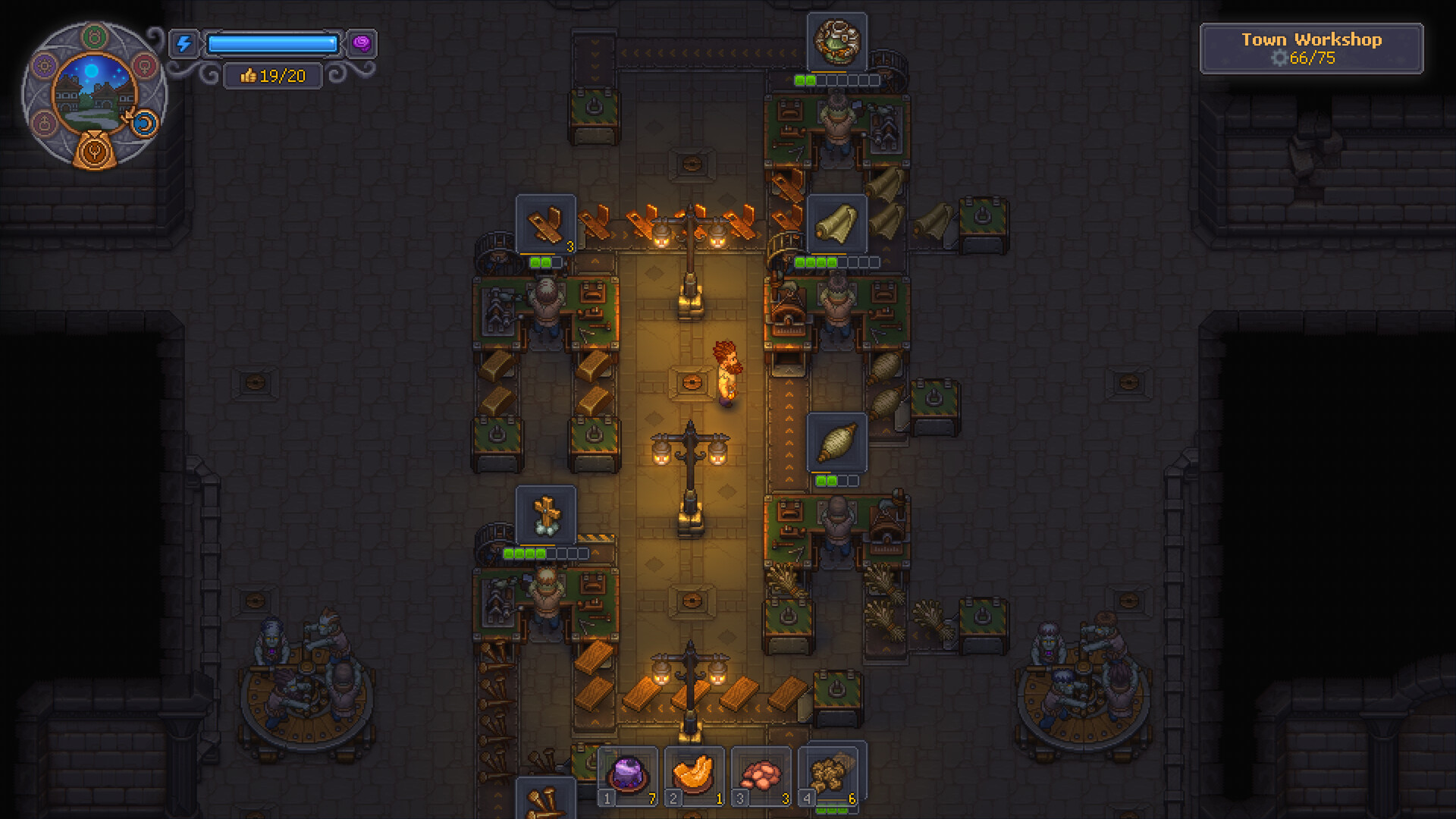 Official Graveyard Keeper 2 screenshot showing automated production lines inside the town workshop