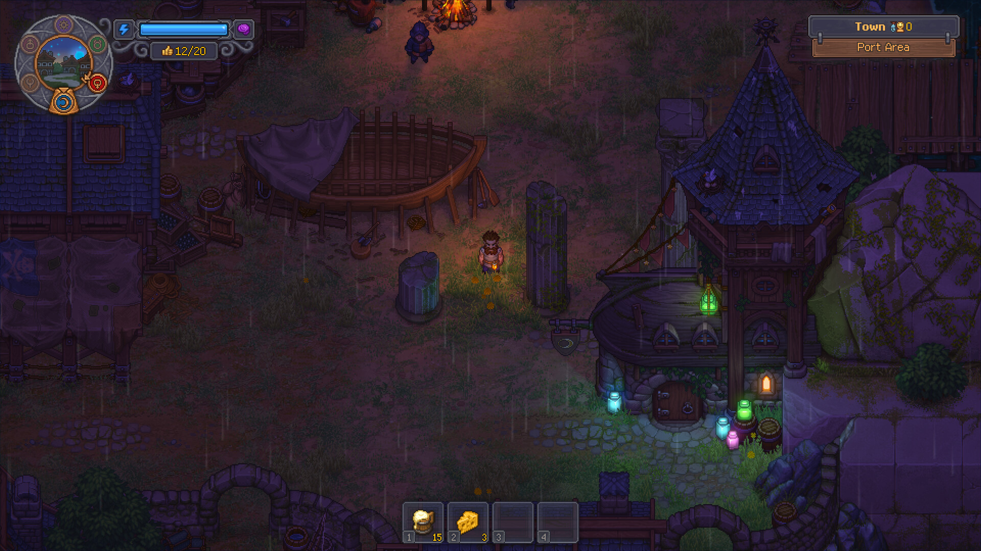 Official Graveyard Keeper 2 screenshot showing the town port area during rain and evening light
